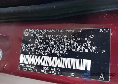 2007 Toyota Sequoia Limited V8 из США, поврежденный, VIN 5TDZT38A17S294125